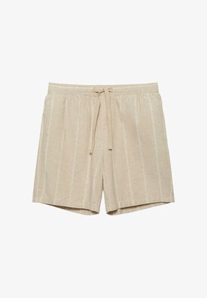 Bež casual hlače kratke z belimi navpičnimi črtami, elastičnim pasom in sprednjim vrvico za zavezovanje, položene ravno.