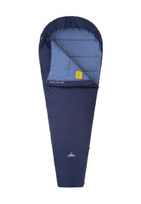 Marineblauwe slaapzak met een lichtblauwe binnenkant, taps toelopend ontwerp, gestikte textuur en een rits aan de zijkant. Voorzien van een logo-label.