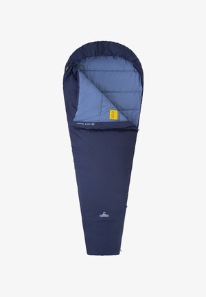 Navy blue sleeping bag with a light blue interior, tapered design, quilted texture, and a zip closure on the side. Features a logo tag.