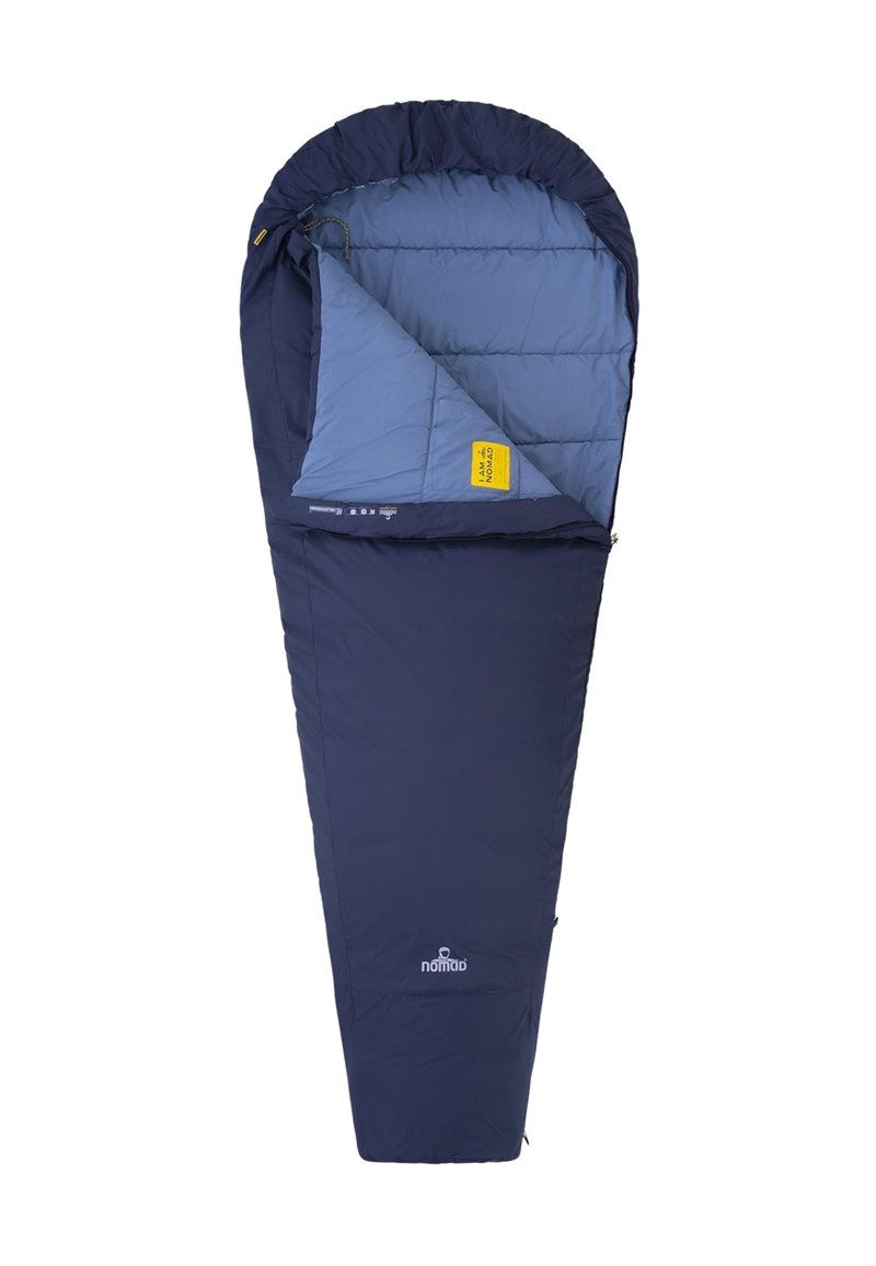 Marineblauwe slaapzak met een lichtblauwe binnenkant, taps toelopend ontwerp, gestikte textuur en een rits aan de zijkant. Voorzien van een logo-label.