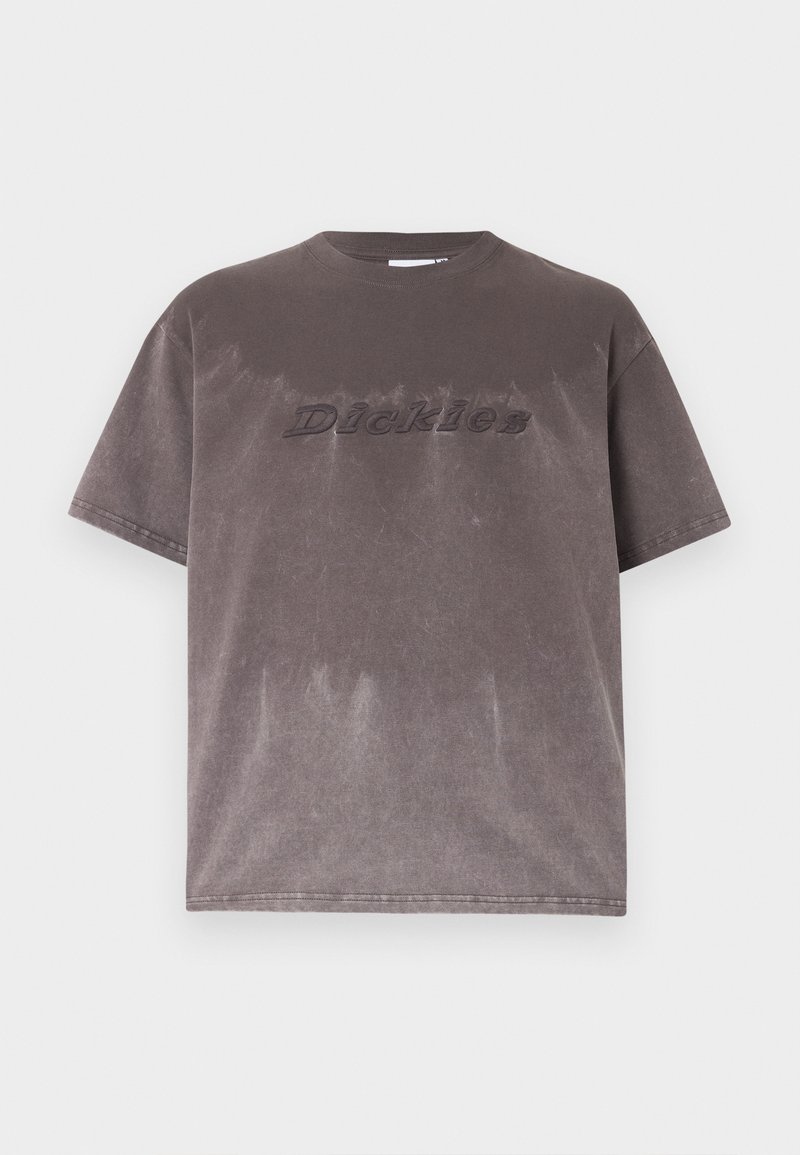 T-shirt a maniche corte di colore grigio scuro sbiadito con la scritta "Dickies" ricamata sul petto, mostrata su uno sfondo semplice.