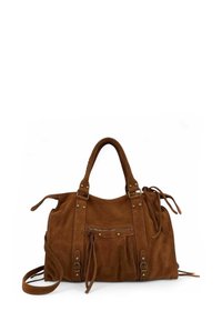 Sac à main en daim marron avec double poignées, poche zippée à l'avant, bandes décoratives, clous, et une bandoulière attachée, disposé à plat sur fond blanc.