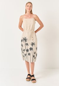 Linnen jurk met een beige kleur en een zwarte palmboomprint, middellange uitstraling, vierkante halslijn en verstelbare trekkoord taille.