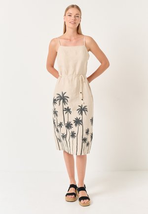 Linnen jurk met een beige kleur en een zwarte palmboomprint, middellange uitstraling, vierkante halslijn en verstelbare trekkoord taille.