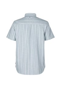 Korte mouw shirt in lichtblauw met witte verticale strepen. Voorzien van een pointed collar en een rugpaneel met een plooi.