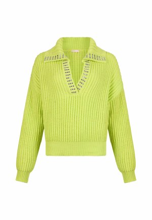 Neongrüner grob gestrickter Pullover mit langen Ärmeln, V-Ausschnitt mit silbernen Nieten und geripptem Saum und Bündchen.