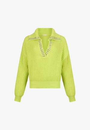 Neongrøn chunky strikket sweater med lange ærmer, V-hals med sølvnitter og ribbet kant og ærmeafslutninger.