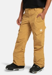 Beżowe spodnie snowboardowe o luźnym kroju, z kieszeniami cargo, regulowanym pasem i graficznym logo. Noszone z czarnymi butami sportowymi.