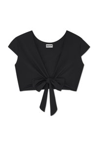 Crna skraćena majica s dubokim V-izrezom, kratkim rukavima i detaljem mašne sprijeda s dugim trakama. Glatka, rastezljiva tkanina.
