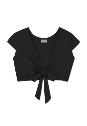 Black cropped top featuring a deep V-neck, short sleeves, and a front bow tie detail with long straps. Smooth, stretchy fabric.