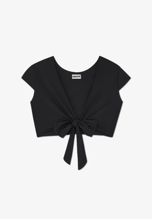 Czarny krótki top z głębokim dekoltem w kształcie litery V, krótkimi rękawami oraz detalem w postaci kokardy na przedzie z długimi paskami. Gładki, elastyczny materiał.