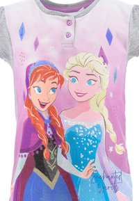 T-shirt in cotone viola a maniche corte con personaggi stampati Anna ed Elsa, maniche grigie e decorativi motivi di diamanti ghiacciati.