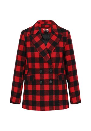 Rød og sort ternet double-breasted blazer i vævet stof, med klapkraver, to forlommer og sorte knapper.
