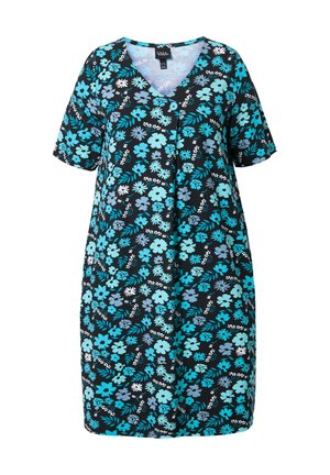 Kukallinen mekko, jossa on musta tausta, teal- ja vaalensininen kukka-kuvio, lyhyet hihat, V-henkä ja polvenmittainen muotoilu.