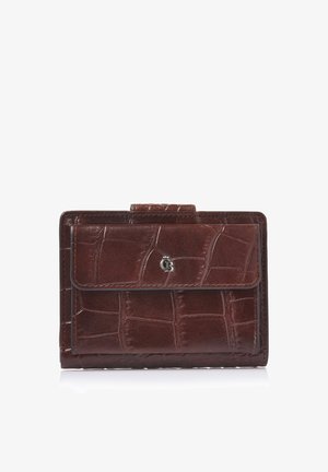 Bruine gestructureerde leren portemonnee met een voorflapvak met een klein metalen logo, ontworpen voor compacte opslag en stijl.