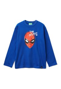 Modrá dlouhá rukávová košile vyrobená z bavlny, s grafikou obličeje Spider-Mana a textem "JSEM SPIDEY!" v bílé barvě.