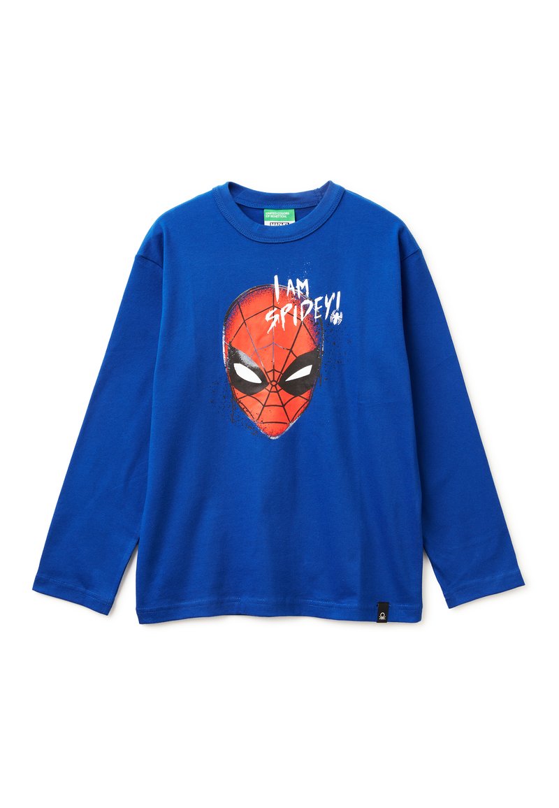 Modrá dlouhá rukávová košile vyrobená z bavlny, s grafikou obličeje Spider-Mana a textem "JSEM SPIDEY!" v bílé barvě.