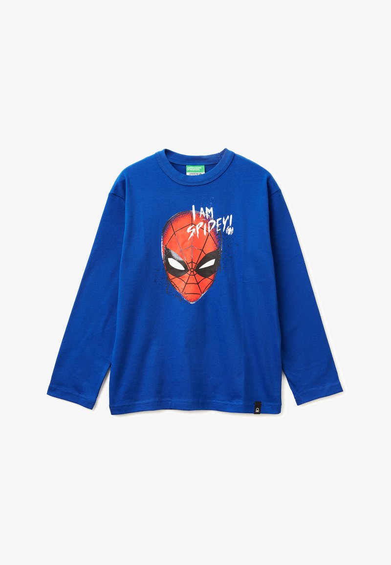 Modrá dlouhá rukávová košile vyrobená z bavlny, s grafikou obličeje Spider-Mana a textem "JSEM SPIDEY!" v bílé barvě.