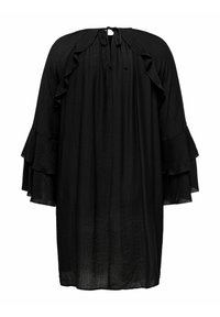 Crna haljina opuštenog kroja, s volanima na rukavima i vezanjem oko vrata. Izrađena od lagane, teksturirane tkanine.
