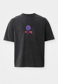 Dark gray short-sleeve t-shirt, featuring a colorful graphic with text on the front, round neckline, and a relaxed fit. Soft texture.