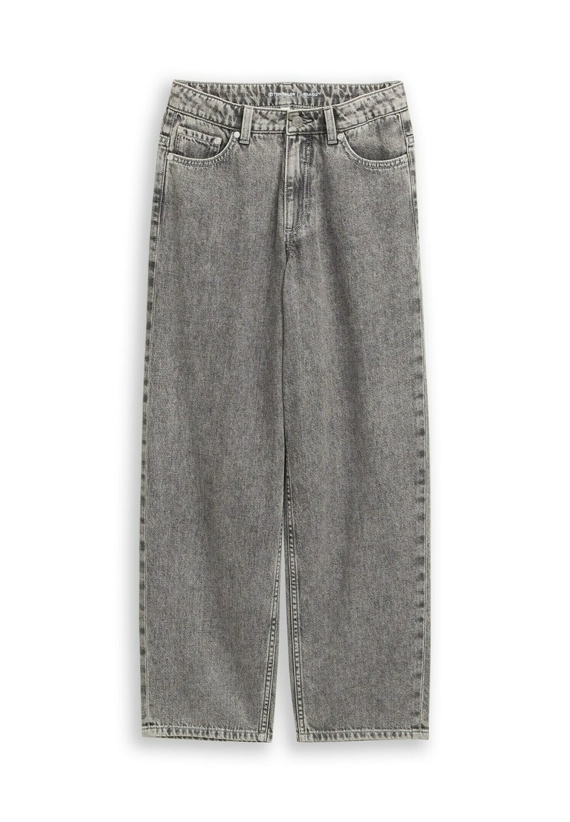 Jeans din denim gri, cu croială largă, talie înaltă, închidere cu buton, cinci buzunare și detalii de cusătură contrastante. Textură moale cu un finisaj estompat.