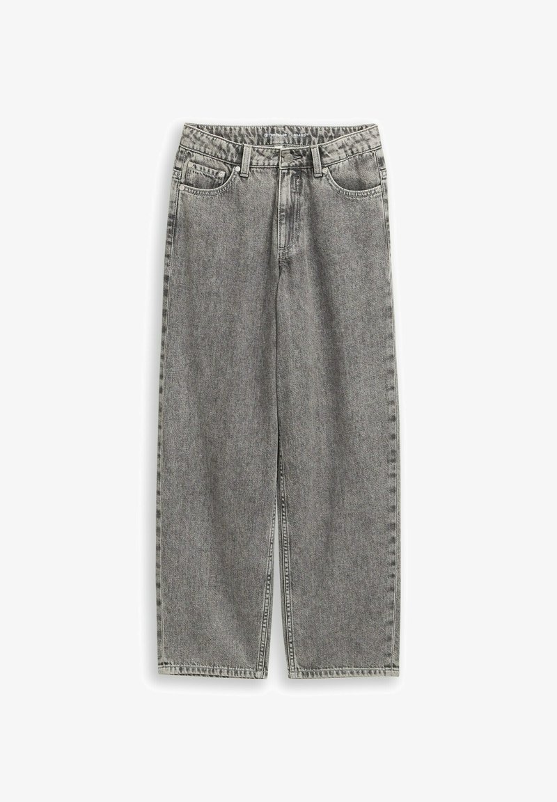 Jeans wide-leg in denim grigio con vita alta, chiusura con bottone, cinque tasche e dettagli di cucitura a contrasto. Texture morbida con finitura sfumata.