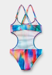 Multikleuren badpak met een tie-dye patroon. Gemaakt van rekbare stof, met een uitgesneden ontwerp en dunne verstelbare bandjes.