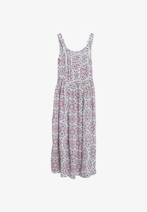 Ärmelloses Midikleid mit tailliertem Schnitt, weißem Hintergrund und rosa, lila und blauem Blumen-Mandalamuster durchgehend.