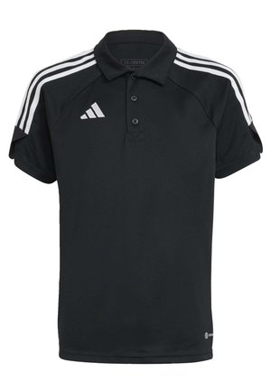 Polo nero con colletto, caratterizzato da tre righe bianche su ogni spalla e un piccolo logo sul petto. Realizzato in tessuto testurizzato.