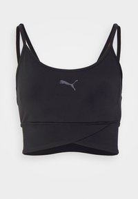 Černý sportovní crop top vyrobený z hladké tkaniny, s tenkými ramínky a diskrétním logem uprostřed. Křížený design na spodním lemu.