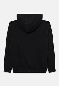 Black hooded sweatshirt with long sleeves, ribbed cuffs and hem, made from soft cotton fabric, featuring a simple, unadorned design.