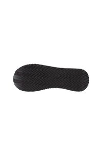 Black rubber shoe sole with a zigzag pattern, featuring a textured surface for grip and stability.