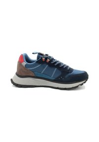 Scarpa da trekking blu e grigia con materiali in suede e mesh, collare imbottito, cuciture a contrasto e suola in gomma. Presenta un punta e un tallone rinforzati.