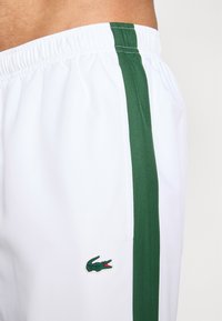 Calções atléticos brancos com riscas verdes nas laterais, cintura elástica e um pequeno emblema de crocodilo verde na frente. Material leve.