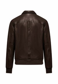 Giacca bomber in pelle marrone con polsini e orlo a coste, caratterizzata da una trama liscia e un design semplice e privo di decorazioni. Vista posteriore.
