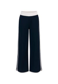 Marineblaue Weitbein-Hosen mit einem weißen elastischen Bund und kontrastierenden Seitenstreifen. Glatte Textur mit lässiger Passform und seitlichen Schlitzen am Saum.