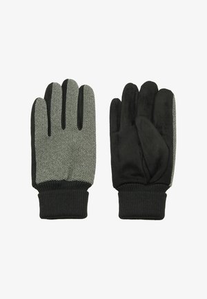 Schwarze und graue Handschuhe mit einem Fischgrätmuster auf der Oberseite, schwarzer strukturierten Handfläche und gerippten Bündchen für einen sicheren Sitz.