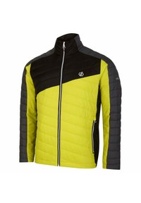 Padded Jacke mit diagonalem Farbblockdesign in leuchtendem Gelb, Schwarz und Grau. Mit Reißverschluss vorn und seitlichen Taschen. Strukturiert Oberfläche.
