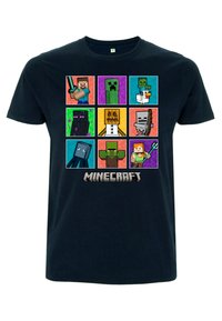 Navy blue cotton t-shirt featuring a grid of Minecraft characters with pixel art designs, including Creeper, Enderman, and Steve. "Minecraft" text at the bottom.