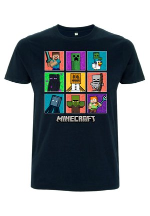T-shirt en coton bleu marine avec un motif de personnages Minecraft en pixel art, incluant Creeper, Enderman et Steve. Texte "Minecraft" en bas.