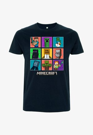 T-shirt en coton bleu marine avec un motif de personnages Minecraft en pixel art, incluant Creeper, Enderman et Steve. Texte "Minecraft" en bas.