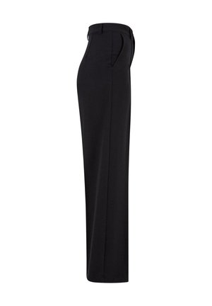 Pantalon noir taille haute, coupe droite, avec poches latérales et passants de ceinture, vu de côté gauche sur fond blanc.