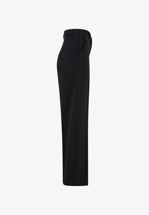 Pantalon noir taille haute, coupe droite, avec poches latérales et passants de ceinture, vu de côté gauche sur fond blanc.