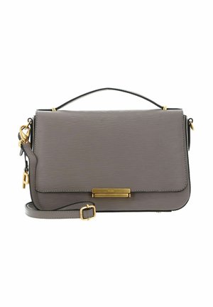 Sac à main en cuir gris avec motif texturé horizontal, accents métalliques dorés et bandoulière amovible. Comprend une poignée supérieure et une fermeture à rabat.