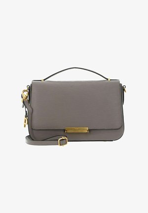 Gray leather handbag with horizontal textured pattern, gold hardware accents, and a removable shoulder strap. Features a top handle and flap closure.