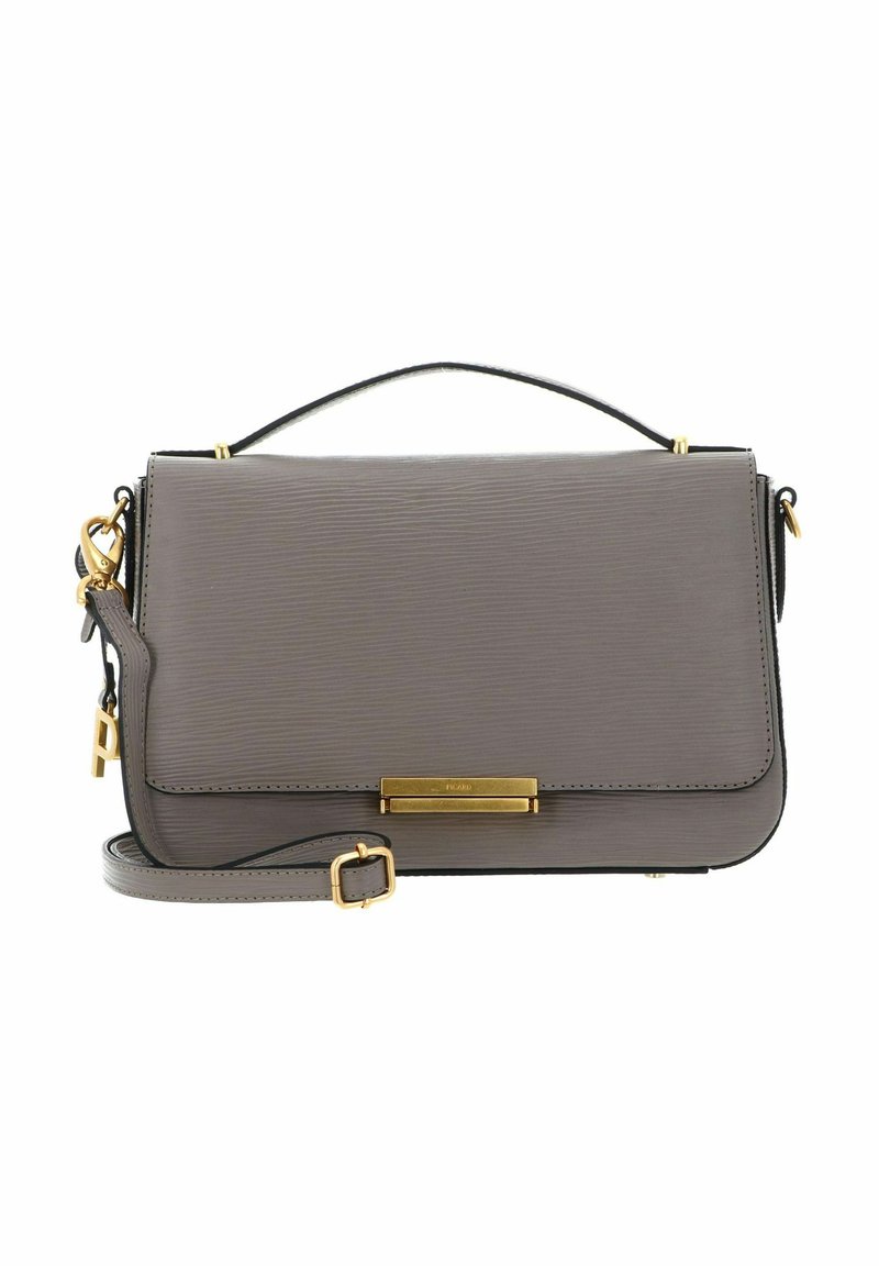 Gray leather handbag with horizontal textured pattern, gold hardware accents, and a removable shoulder strap. Features a top handle and flap closure.