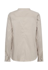 Stribet langærmet skjorte i beige og creme, med rygknaft, blød tekstur, og samlede manchetter for en skræddersyet pasform.