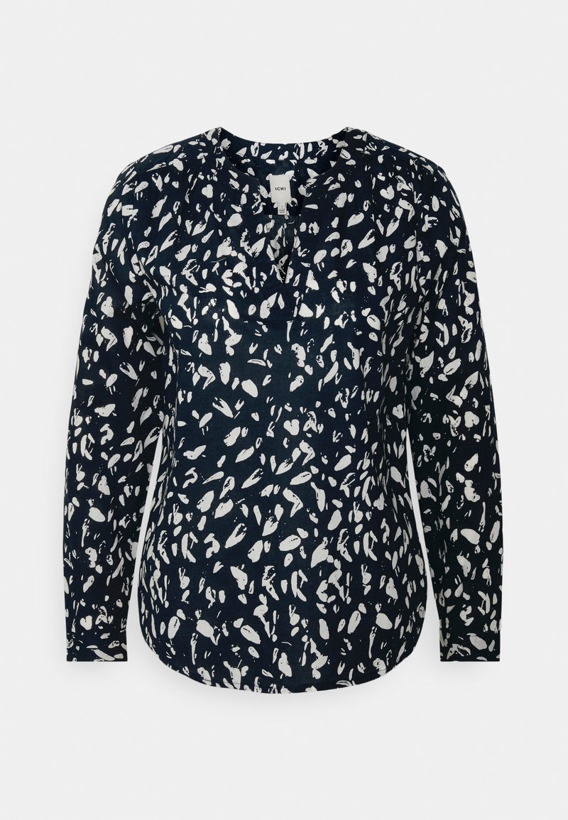 Marineblauwe blouse met lange mouwen en een wit abstract bladerenpatroon, ronde halslijn en een licht gebogen zoom. Gemaakt van zachte stof, met een ontspannen pasvorm.