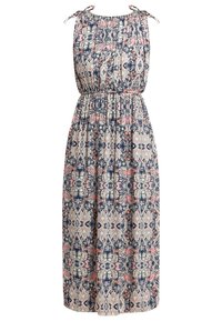 Ärmlös maxiklänning med elastisk midja, knytband på axlarna och intrikata blommönster och geometriska mönster i blått, rosa och krämfärgade nyanser.