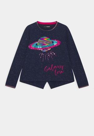 Navy long-sleeve shirt made of textured fabric, featuring a colorful sequined Saturn graphic and pink script "Galaxy love" at the hem.